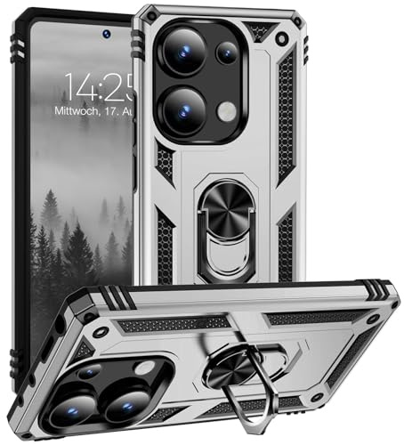 LBH Outdoor Hülle für Xiaomi Redmi Note 13 Pro Armor Militär Stoßfest Handyhülle 360 Grad Metal Ring Halter Ständer Schutzhülle für Handyhalterung Auto Magnet Silber