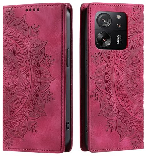 CASEONJAN Handyhülle für Xiaomi 13T / 13T Pro Hülle, PU Leder Klapphülle [Kartenfach], Flip Wallet Case Handytasche Prägung Schutzhülle für Xiaomi 13T / 13T Pro (Vintage Rot)