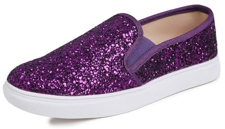 Feversole Women's Fashion Slip-On Trainer Casual Flat Loafers，Skater Pumps Trainers Sneakers Shoes Purple Glitter Size 5