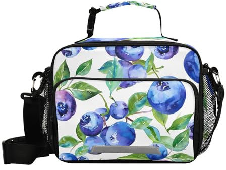 Mnsruu Blueberry Blue Fruits Aquarell-Lunch-Tasche, groß, isolierte Lunchbox für Kinder, Jungen, Mädchen, wiederverwendbare Kühltasche, Tragetasche, Schul-Lunchbox mit Schultergurt
