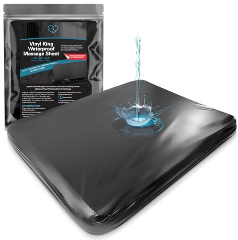 Schwarze, wasserdichte, taillierte Massagelaken aus Vinyl mit Seitentasche | Matratzenschoner, Bettbezug für Nuru-Massage – Öl, wasserbasiert, silikonsicher | 183 x 203 cm + 40 cm Tiefe Tasche