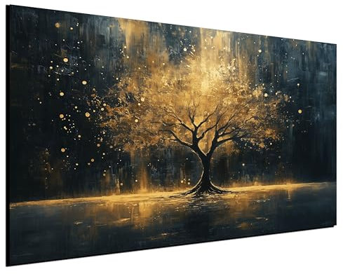 DARO Design® Bild auf Leinwand Groß 70x50 cm Schlafzimmer Bilder Badezimmer Wand Deko Wohnzimmer Modern Wanddeko Bilderwand Geschenk Abstrakt Lebensbaum Baum Schwarz Gold Strahlen