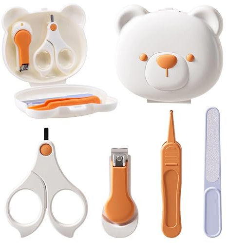 Baby Nail Kit with Bear Case 5-in-1 Baby Nail Care Set with Safety Baby Nail Scissors Baby Nail Clippers Baby Nail File for Newborn Essential Grooming Kit with Storage Case