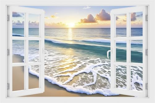 DesFoli Wandtattoo Sonnenuntergang Meer - verschiedene Rahmentypen DW000113 Farbe Fensterrahmen Querformat, Größe 105 cm x 70 cm