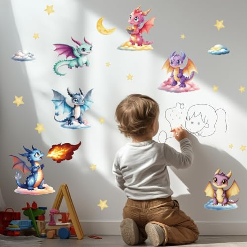 ANATTASOUL Aquarell Drache und Wolken Wandtattoo, Wandaufkleber Wandsticker Wanddeko Selbstklebend für Wohnzimmer, Schlafzimmer, Flur, Badezimmer, Küche, Wanddeko