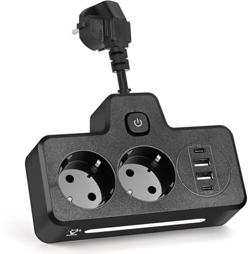 LustLocke Doppelstecker für Steckdose, Steckdosenleiste 2-Fach, Verteilersteckdose Wandmontage mit 2 USB A & 2 USB C, Kompakte Steckerleiste für Büro, Zuhause & Reisen, 13 A/3250 W (Schwarz)