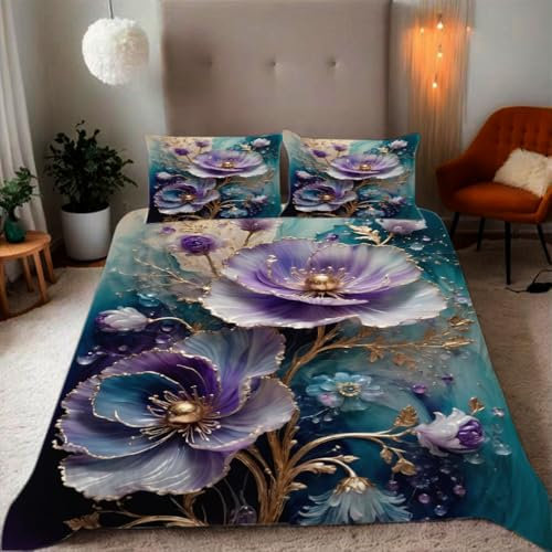 Zbeiba Bettwäsche 135x200 3D Lila strukturierte Metallic-Blume Muster Weich Atmungsaktiv Mikrofaser Bettzeug Sets Mit Reißverschluss + 2 Kissenbezüge (135x200+2 * 80x80,#1