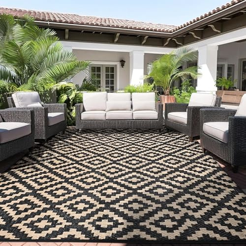 Alishomtll Outdoor Teppich 150x245cm Wetterfest Wasserdicht Schwarz Braun | PP Kunststoff Terrasse Teppich, Garten Balkon Wendbar UV beständige Outdoor Carpet, Außenteppich Camping für BBQ Picknick