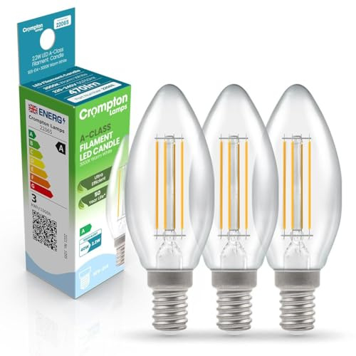 Crompton Lamps LED Ultra-Efficient Candle 2.2W SES-E14 A-Class (3 Pack) (40W Equivalent) 3000K Warm White Clear 470lm SES Small Screw E14 A-Rated Multipack Light Bulbs