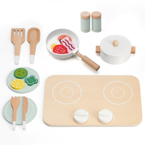18 Stück Kinderküche Zubehör Holz mit Verstellbare Kinder Kochplatte und Exquisite Handwerkskunst Puppengeschirr, Umweltfreundliches Kinderküche Geschirr, Spielküche Zubehör für Spielküche ab 1 Jahr