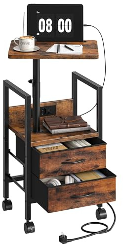 CHOEZON Höhenverstellbarer Beistelltisch mit 360°drehbarer Tischplatte | Nachttisch mit Ladestation, Sofa Beistelltisch, Laptoptisch für Wohnzimmer, Schlafzimmer, Vintagebraun und Schwarz DTBZ21CBF