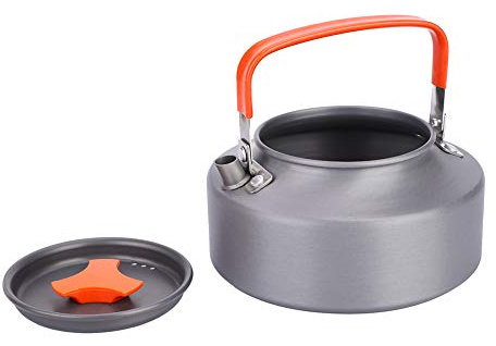 SIXRUN Théière Portable en Aluminium pour Camping Randonnée Cuisine, Bouilloire à thé Durable Résistante à la Chaleur pour les Activités de Plein Air (poignée orange)