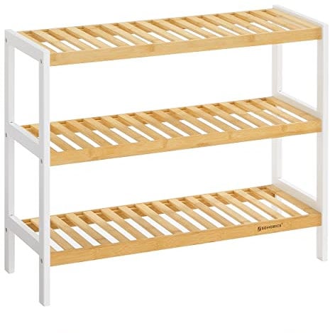 SONGMICS Schuhregal aus Bambus, Schuhablage mit 3 Ebenen, Schuh-Organizer, Regal für Schuhe, Pflanzen, Bücher, Wohnzimmer, Flur, Schlafzimmer, Badezimmer, 26 x 70 x 55 cm, weiß-naturfarben LBS03H