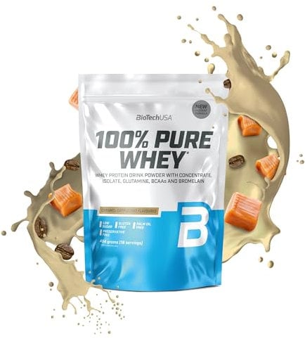 BioTechUSA 100% Pure Whey | Proteinpulver mit BCAA und Glutamin | Glutenfrei, Palmölfrei | 21g Protein pro Portion, 454 g, Karamell-Cappuccino