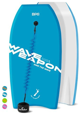 OWN THE WAVE 37 Inch Body Board for Adults and Kids - HDPE Slick Bottom & EPS Core - Light Weight Bodyboard Perfect for Surfing - Comes with Coiled Leash and Swim Fin Tethers (Blue & White)