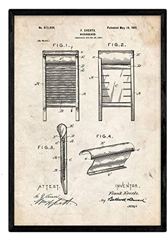 Nacnic Vintage Waschbrett Patent Poster 4-er Set. Vintage Stil Wanddekoration Abbildung von Haushalt, Kleidungen und alte Erfindungen. Verschiedene geometrische Reinigung Bilder ohne Rahmen. Größe A3.