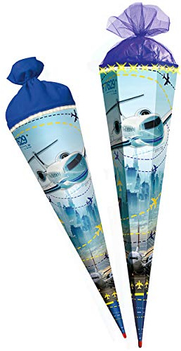 mit leucht LED Effekt ! - Schultüte - Flugzeug & Flughafen - 85 cm - mit Holzspitze - 6 eckig - Tüllabschluß - Zuckertüte - Roth - Jungen Junge - Helikopter..