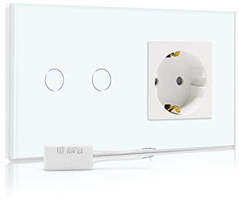 BSEED Dimmer Schalter mit Steckdose mit LED Anzeige 2 Fach 1 Weg Berühren Sie Das Sensorfeld Touchscreen Wandsteckdosen Led Dimmer Touch Lichtschalter Weiß
