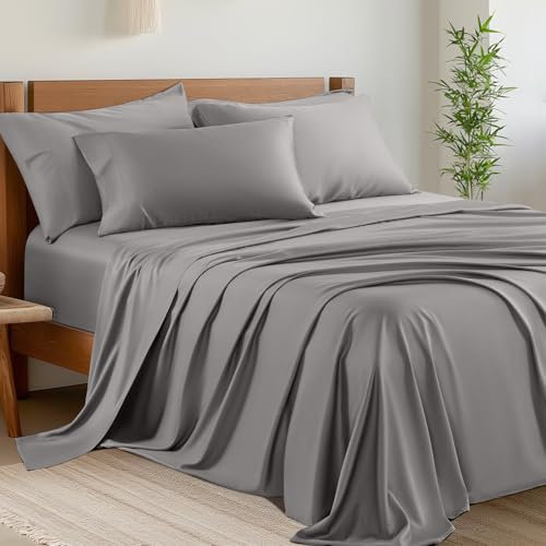 Shilucheng 6-teiliges California King Size Bettwäsche-Set aus Bambus, Fadenzahl 1800, 40,6 cm tiefe Taschen, kühl, umweltfreundlich, weich und bequem (Cal King Size, Grau)