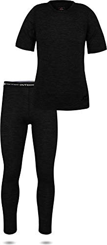 normani Damen Merino Unterwäsche-Set Garnitur (Langarmshirt Unterhemd und Unterhose) 100% Merinowolle Thermounterwäsche Ski-Funktionsunterwäsche Farbe Kurzarm/Schwarz Größe M