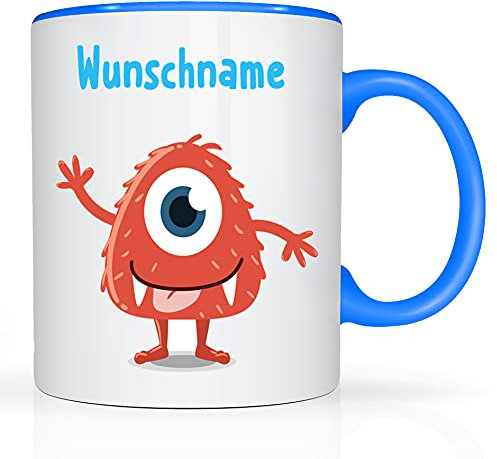 Print-Klex Tasse mit Namen und Orangenen Monster Auge Motiv Bedruckt Namenstasse Namensbecher Monster für Jungen Kindertasse Keramiktasse Weiß/Blau Geschenktasse Spruchtasse Kinder Tasse 330ml
