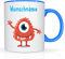 Print-Klex Tasse mit Namen und Orangenen Monster Auge Motiv Bedruckt Namenstasse Namensbecher Monster für Jungen Kindertasse Keramiktasse Weiß/Blau Geschenktasse Spruchtasse Kinder Tasse 330ml
