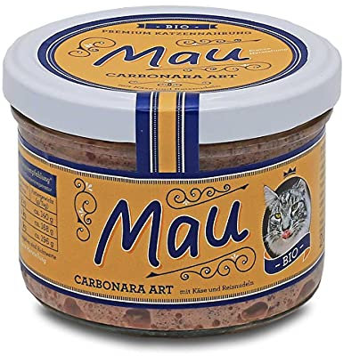 Mau Bio Carbonara Art mit Geflügel, Käse und Reisnudeln Inhalt: 200g Katzennahrung/Katzenfutter im Wieder verschließbarem Glas (3 x 200g)
