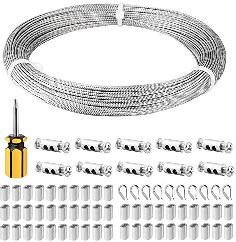 Abimars Cable de Acero Inoxidable 304 de 50m Con Dedales, Mangas de Aluminio y Destornillador - Para Plantas de Apoyo de Escalada y Guía de Iluminación