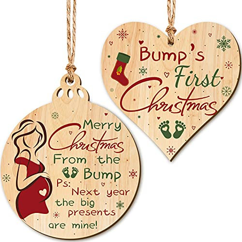 2 Pieces Bumps First Christmas Heart Decoration Wooden Christmas Tree Baubles Christmas Cutesy Round Plaques Mum to Be Christmas Tree Ornaments Christmas Hanging Decorations with Strings and Bags