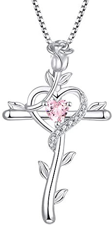 starchenie Croix Rosa Collier en Argent 925 Tourmaline rose Zircone Croix Crucifix Pendentif pour Femme