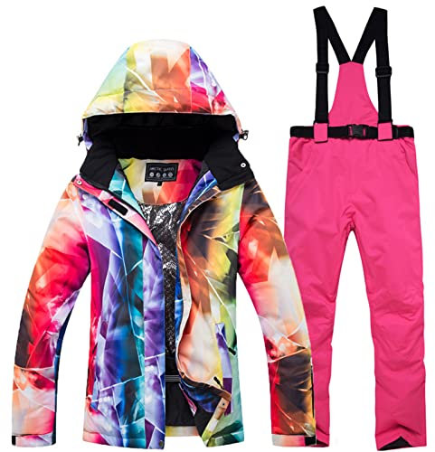 WYOUTDOOR Skianzug für Damen, Winterjacke und Skihose, bunt, Snowboard, Jacke und Hose mit Trägern, wasserdicht, mit Kapuze, Schneeanzug, Pink Pink, M