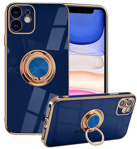 EYZUTAK Hülle für iPhone 11 6.1 Zoll, Glänzend Weiche Silikon TPU Slim Case mit 360 Grad Ring Ständer Bumper Stoßfest Schutzhülle Fingerhalter Magnetische Autohalterung Cover - Blau