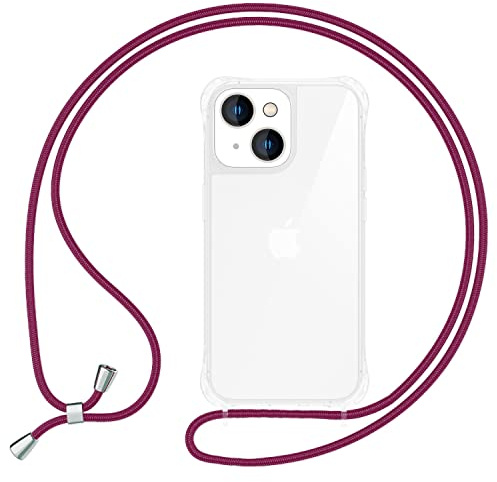 NALIA Handykette für iPhone 14 - Hybrid-Case - Hülle, Weinrot | Kordel ca. 1,60m für Crossbody, Ösen fest im Rahmen eingegossen, Massive Metallenden, Verstärkte Ecken, HANGIT PRO