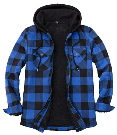 ZENTHACE Herren Sherpa gefütterte Kapuzenjacke mit durchgehendem Reißverschluss Checkered Blau, S