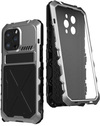 Soyeacrg Metal Case for iPhone 14/14 Plus/14 Pro/14 Pro Max,Military Grade Heavy Duty Full Body Shockproof Aluminium Silicone Case with Bulit-in Screen Protector and Stand,Silver,14 Pro