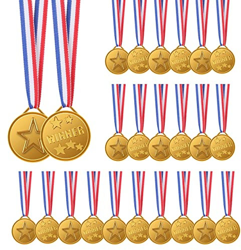 YiliYa 24pcs Medaille Enfant,Medaille d'or Plastique Olympiques Sportives Médailles avec Ruban, Médailles du Gagnant pour Journée Sportive des Enfants Jeux Partie Compétition Récompenses Cadeaux