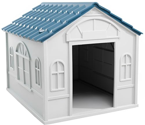 Lanco - Kennel for Medium and Large Dogs. Indoor and outdoor use with vents. Resistant material. 39x33x32 inches (L*W*H). Blue and White.