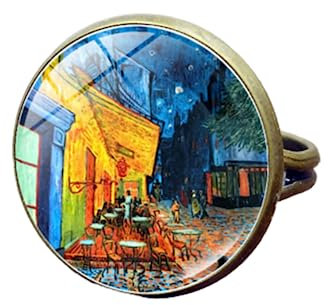 FELIXWASH Van Gogh Sonnenblumenkunstmalerei, verstellbarer Ring, romantische Blumen, Glas-Cabochon-Ringe, größenverstellbar, rund, handgefertigter Schmuck für Damen, S, Metall, Perle