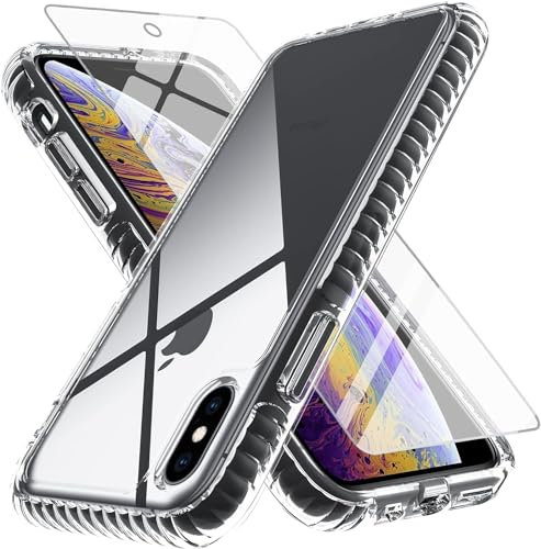 OWKEY iPhone X/XS Case 5.8 with Tempered Glass Screen - Military Grade Drop Protection, Transparent Anti-Scratch Slim Cover, Clear