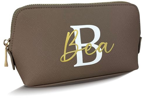 Kosmetiktasche personalisiert Initial + Name, Schminktasche, Kulturtasche für Damen, Handtasche, Geschenk Frauen, Schminke Beauty Make-Up (Taupe, klein)