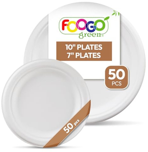 FOOGO Green 100pcs Disposable Sugarcane Fibre Strong Paper Plates Set, 50x Large Round, 50x Small Plates, Eco Friendly Biodegradable, Party Dinner and Dessert