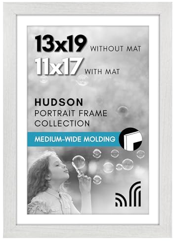 Americanflat 13x19 Picture Frame with Shatter-Resistant Glass - Use as 11x17 Frame with Mat or Display 13x19 Photo Without Mat - Hudson Collection - Wide Picture Frames for Wall Display - White
