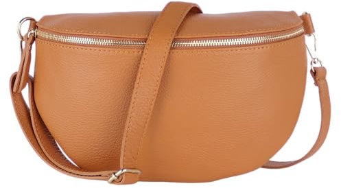 MIRROSI® Bauchtasche Damen, Made in Italy, Echtleder Umhängetasche Echtes Leder, Brusttasche, Crossbody Bag aus Echtem Leder, in 3 Größen erhältlich (Braun Goldner Reißverschluss) (Gr.M)