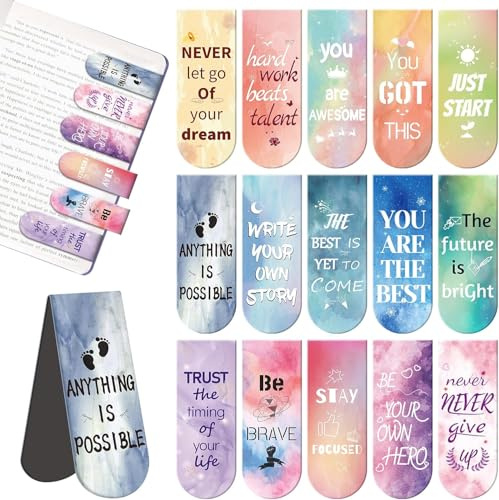 Kaluofan Larger Size 15PCS Inspirational Magnetic Bookmarks, Double Sided Magnet Book Markers Page Clip for Students Teachers Reading Supplies