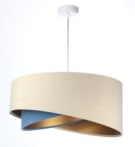 Licht-Erlebnisse Hängelampe rund D: 50 cm E27 in Creme Blau Gold Doppelschirm Stoff Velours Optik Modern Pendelleuchte Esszimmer Hängeleuchte Wohnzimmer