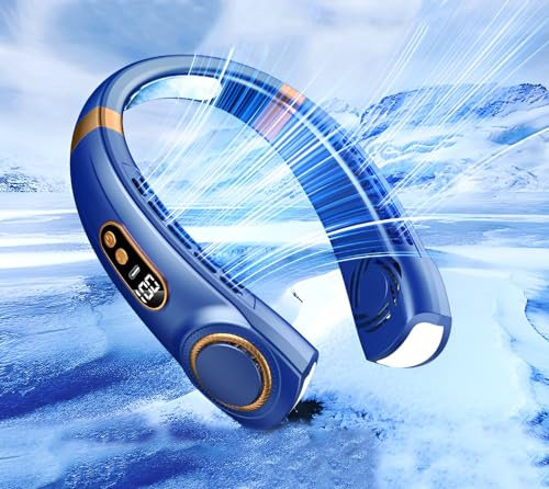 Ventilateur de Cou Portable, Mini Ventilateur Portable, flux d’air à 360°,5 Vitesses Batterie Rechargeable Ventilateur Usb,Affichage LED,4000mAh Ventilateur Portable Mains Libres Sans Lame, Blau