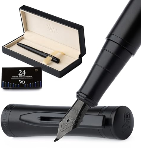 Wordsworth & Black Luxury Fountain Pen Set for Writing, Bent Nib, All Black | Gift for Men & Women, Brass Body, German Iridium, Calligraphy, Converter + 24 Ink Cartridges, Refillable, Cartridge Pen