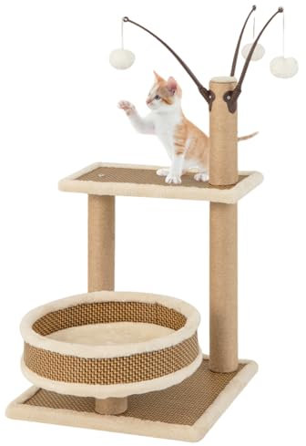 COSTWAY Cat Tree, 80cm Rattan Cats Tower with Cool Feeling Woven Platforms, Scratching Posts, Plush Cushion, Dangling Balls, Cat Furniture Activity Centre for Indoor Cats