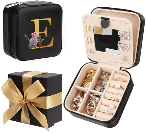 WALLFID Bow-Tied Geschenkbox,Schwarzes Schmuckkästchen,für Personalisierte Geschenke,Schmuckkästchen Mädchen,Schmuckkästchen Reise - mit Spiegel für Uhren,Lippenstifte,Ohrringe,Halsketten (E)