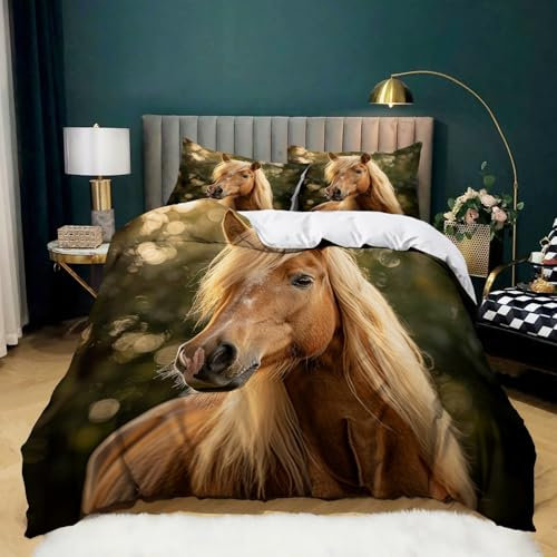 Bettwäsche 155x220 Tierisches braunes Pferd Bettwäsche-Sets Weiche Atmungsaktiv Hautfreundlich Mikrofaser Bettbezug mit Reißverschluss und 2 Kissenbezüge 80x80 cm
